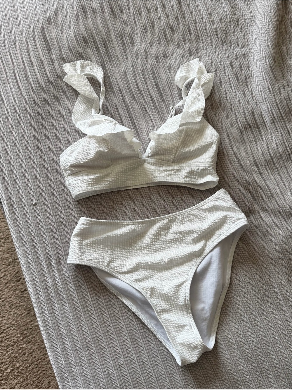 White Ruffle Strap High-Waist Bikini Set